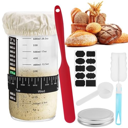 DONQL Barattolo per Lievito Madre Kit, 730ML Starter Kit di Lievito, Contenitore Lievito Madre di Vetro con Termometro, Raschietto in Silicone, Misurino, Kit Lievito Madre per Panificazione Casa