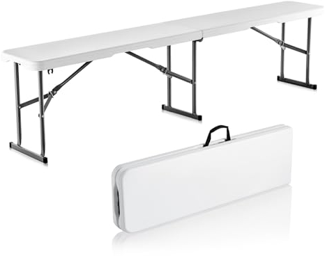 VEVOR Banco Plegable de Plástico Portátil de 183 mm, Banco de Exterior Impermeable de HDPE, Asiento de Comedor para Pícnic y Camping con Asa de Transporte, Blanco, 1820 x 280 x 430 mm, 2 Unidades