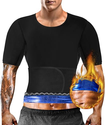 Mulnall Sauna Shirt for Men Sweat Suit Slimming Top Heat Trapping Tank Short Sleeve Workout Shapewear, Adjustable Waist Belt,Breathable Armpit,Anti Slip Silicone(6018-01-L)