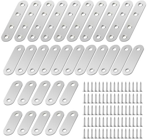 30 Pcs Flat Brackets for Wood, 3 Size Stainless Steel Mending Plates Straight Brace Corner Bracket with 80 Screws Metal Joining Plates for Repairing Fixing Furniture