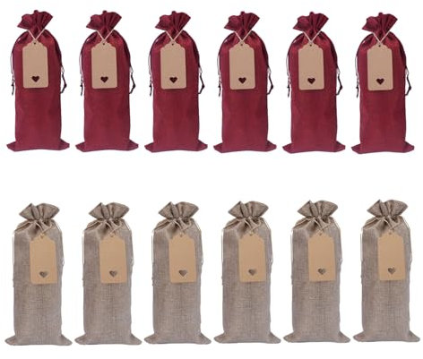 HO2NLE 12 Stück Jute Geschenktüten Wein Geschenkbeutel Weinrot flaschentüten Weinbeutel wiederverwendbare mit Tags Kordelzug für Weihnachten, Hochzeit, Reisen