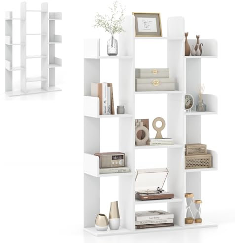 HOMASIS Bücherregal, Standregal im Baumform, Raumteiler Regal mit 13 Ablagen, Aufbewahrungsregal für Arbeitszimmer, Wohnzimmer, Schlafzimmer, Büroregal belastbar 90 kg, 86x23,5x140,5 cm (Weiß)