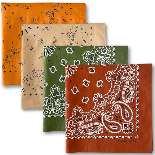 The Peacock Crew Pack of 4 Earthy Colors Bandanas in Premium Soft Cotton Paisley Print