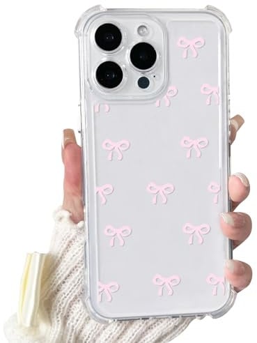 NITITOP Compatible with iPhone 16 Pro Max Case Clear Cute Pink Bow Bowknot Ribbon Pattern with Four Corners for Women Girls Cutely Soft TPU Shock-absorbing Protective Cover - Pink