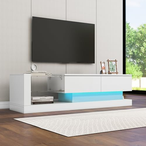 Merax Armoire TV haute brillance avec éclairage LED - Avec 2 compartiments, 2 portes - Pour TV de 60 - Blanc - 140 x 38 x 38 cm