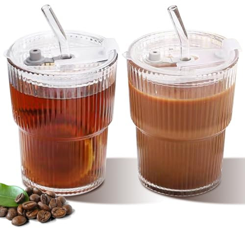 Gohytal Matcha Glas, Glas mit Deckel und Strohhalm, 2 Stück 450ml Gerippte Glasbecher mit Deckel und Strohhalm, luftdichtes und wasserdichtes Design, Teetassen Eiskaffee Gläser Saft, Milch, Kaffee