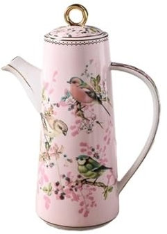 Ceramic Teapot with Lid and Water Pitcher Set Beautiful Flower & Bird Design Perfect for Wedding Gifts and Party Presents 650ML Water Carafe Kitchen Butter Bottle Beverage Serveware (Pink)