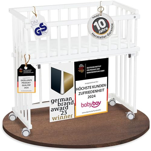 babybay Midi Beistellbett, weiß lackiert, mit Matratze, Gitter und Rollen