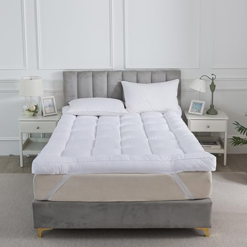 CHILIMILII 10CM Thick Hotel Quality Mattress Topper Double 137x190 CM- Micro Fibre Mattress Enhancer Pad with Easy Fit Straps- Box Stitched- Elastic Corners- Ultra Fluffy and Breathable Topper