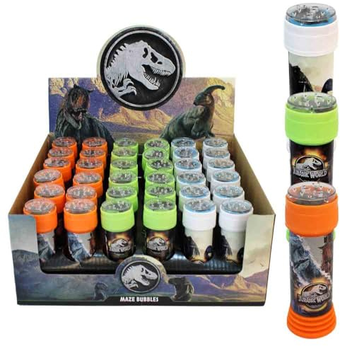 BEMIRO Seifenblasen Dino – ca. 11 cm – 60 ml – mit Kugelspiel im Deckel – Dino-Motive Kinder Seifenblasenfläschchen – 36 Stück im Display – ab 3 Jahren
