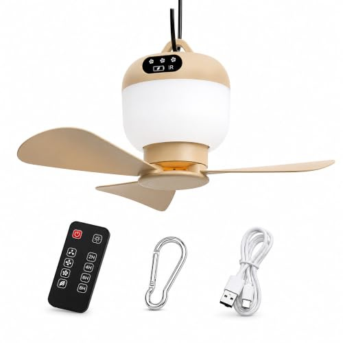 Negxi - Ventilador de camping con luz y control remoto, ventilador de techo portátil para tiendas de campaña, toldo, playa, caravana, coche, caravana y exterior, ventilador inalámbrico recargable para