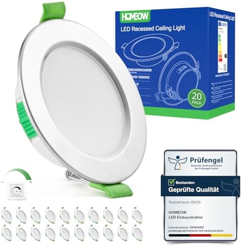 HOMEOW Einbaustrahler LED Spots deckenleuchte Dimmbar 68mm - 80mm Lochmaß | IP44 Deckenspots Warmweiß Neutralweiß Kaltweiß, 24mm Flach 5W 400LM Einbauleuchten für Badezimmer Küche, Nickel 20er Set