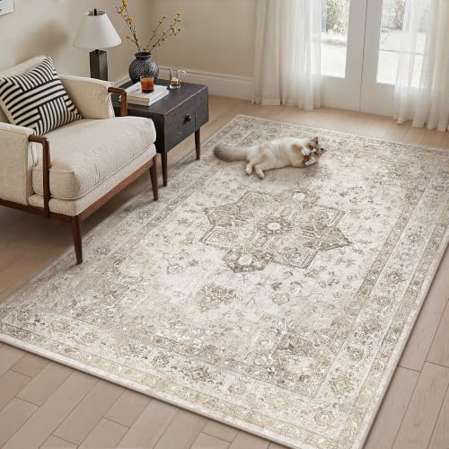 PureCozy Beige Vintage Teppich Wohnzimmer 120x170cm Waschbar | Waschbarer Teppich, Weich Rutschfest, Kurzflor im Retro, für wohnzimmerteppich Schlafzimmer Esszimmer, Carpet Teppiche