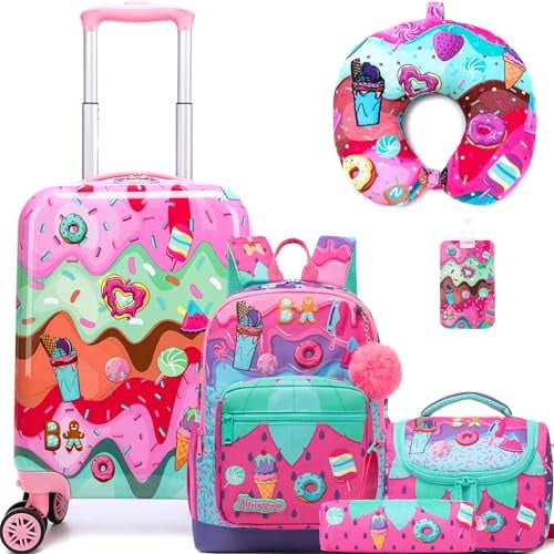 Inprof Cute Kid’s Luggage Set Carry on Toddler Travel Suitcase Airline Approved, 5pcs Ice Cream, 16 inch