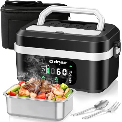 CIRYASR Scaldavivande Elettrico Portatile a Batteria 20000mAh, 100W Ricaricabile Lunch Box con Contenitore Interno da 1,35L in Acciaio Inox e Posate, Scaldavivande Senza Fili per Ufficio Auto Viaggi