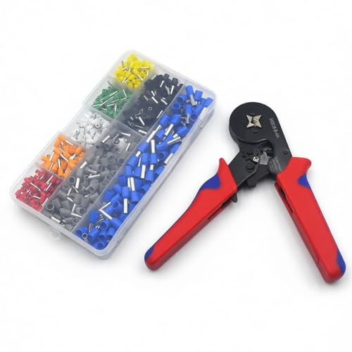 Set di morsetti con 800 guaine conduttori da 0,25-10 mm², crimpatrice per estremità dei cavi con meccanismo a scatto, ergonomico, completo in scatola per elettricista