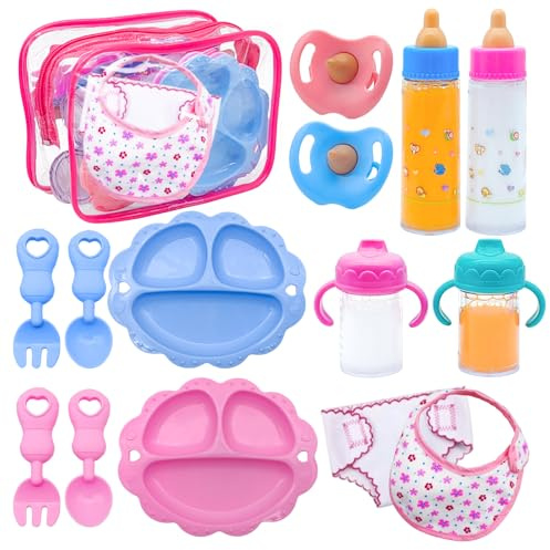 Hdagbnn - 15 Pieces Baby Doll Accessories Set, Feeding Toy with Juice Milk Bottles, Doll Feeding Kit, Drinking Cups, Pacifiers, Bowl Spoons