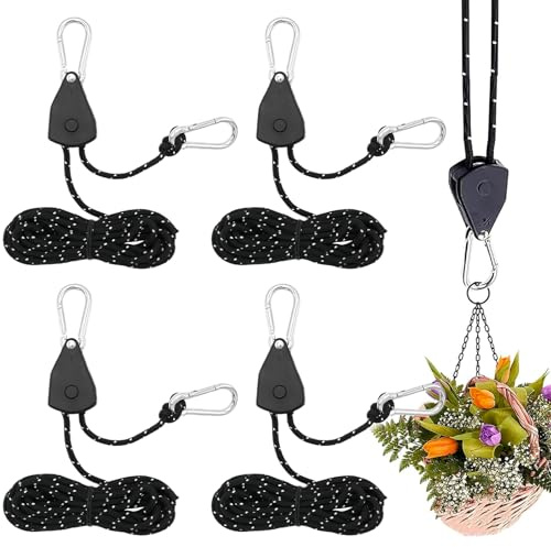 4 Pezzi Cinghie a Cricchetto, 5 M Corda da Campeggio Riflettente, con Carrucola Regolabile e Gancio, per Luci per Piante, Tende, Giardini, Attrezzature da Esterno