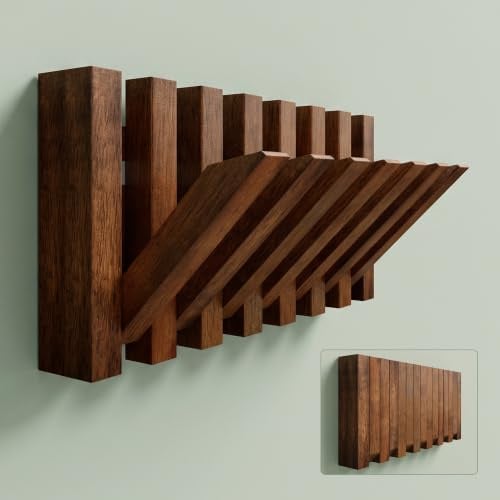 Mai & Mai Kleiderhaken aus Holz mit 7 magnetischen Klapphaken Wallnuss | Garderobenleiste zum Kleben oder Bohren, Garderobenhaken Wandgarderobe Wandhaken für Bad Küche Flur, 267mm Twigro-01
