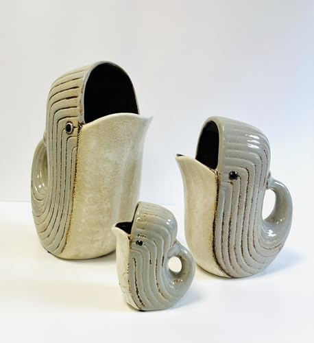 Ceramic Whale Pitcher, Blue-Grey and White, Large 2 litres 28cm | Fish-Shaped Water Jug with Handle, Decorative Pitchers, Glug Jug For Water, Milk, Juice