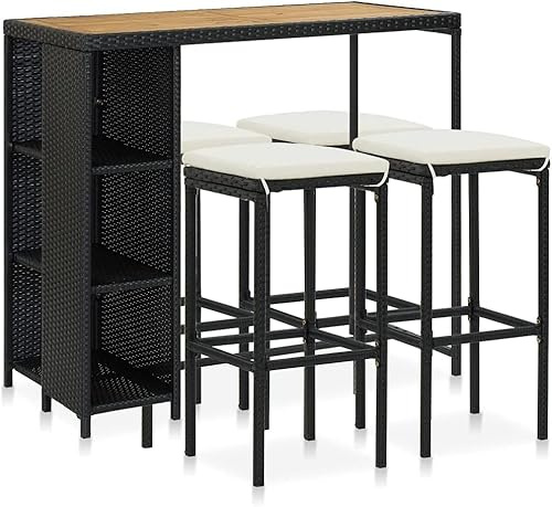 HUAKEHOM Gartenbar Set 5-TLG. mit Kissen Theke Bar Tresen Gartentheke Bartisch Stehtisch Barstuhl Barhocker Gartenmöbel Poly Rattan Schwarz