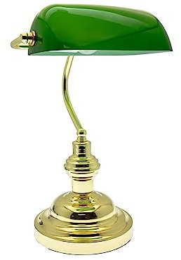 Innoteck Classic Bankers Table Lamp, Antique Style Traditional Glass Shade Stand Perfect for Offices, Living Rooms and Reading, Green & Polished Brass