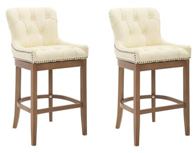 CLP 2er Set Barhocker Lakewood Mit Echtlederbezug I 2 x Tresenstuhl Mit Gestell Aus Kautschukholz Und Rückenlehne, Farbe:Creme, Gestell Farbe:antik-hell