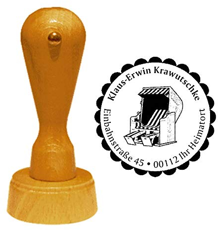 Stempel Adressstempel « STRANDKORB » Durchmesser ca. Ø 40 mm - mit persönlicher Adresse und Motiv - Urlaub Ostsee Nordsee