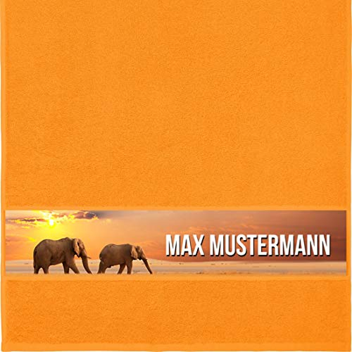 Manutextur Handtuch mit Namen - personalisiert - Motiv Tiere - Elefant - viele Farben & Motive - Dusch-Handtuch - orange - Größe 50x100 cm - persönliches Geschenk mit Wunsch-Motiv und Wunsch-Name
