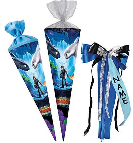 alles-meine.de GmbH Schultüte - Dragons - Drachenzähmen leicht gemacht - 85 cm - 6 eckig - incl. individueller großer Schleife - mit Namen - Tüllabschluß - Zuckertüte - mit/o..