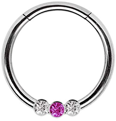 Modern Nature Piercing-Schmuck Segmentring, Klicker mit DREI Steinen klar-pink in 1,2 x 10 mm