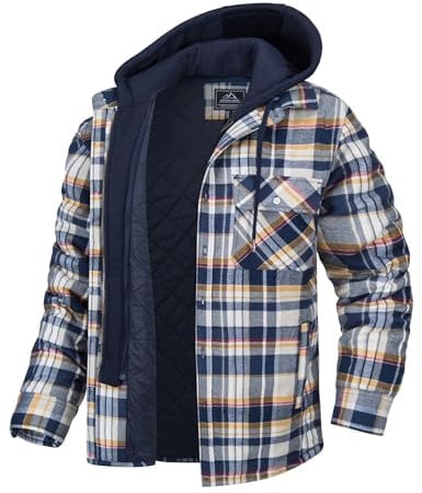 MAGCOMSEN Herren Winter Freizeithemd Kariert Fleece Hemd Hoodie Baumwolle Langarm Flanellhemd Männer Thermo Arbeitshemd Gefüttert Plaid Mantel Lässige Karohemd Jacke mit Abnehmbar Kapuze Gelb XL
