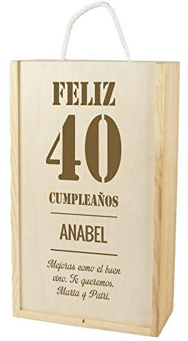 Caja de Madera para dos Botellas de Vino grabada con Edad, Nombre y dedicatoria