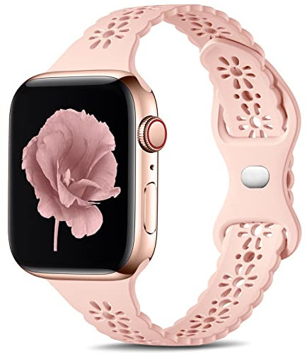Dirrelo Silm Lace Straps Compatible with Apple Watch Strap 38mm 40mm 41mm, Soft Silicone Hollow-Out Elegant Breathable Strap for iWatch Series SE 8 7 6 5 4 3 2 1 for Women Girls, BabyPink