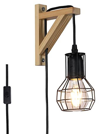 Moderne Schwarz Holz Wandleuchte mit Stecker Schalter, Vintage Rustikales Innen Wandlampe Verstellbare Hängende Wandhalterung, Industrie Lese Leuchten Deko für Wohnzimmer Bad Schlaf Kinderzimmer