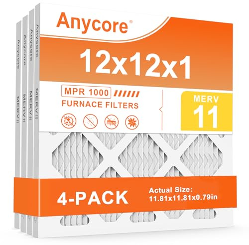 Anycore 12x12x1 AC Air Filter 4 Pack MERV 11 | Furnace Air Filters Pleated for Home Office HVAC MPR 1000 FPR 7 (Actual Size: 11.81x11.81x0.79 inch)