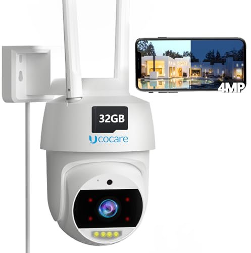 UCOCARE 2K 4MP Überwachungskamera Aussen WLAN mit 32G Speicherkarte, PTZ 360° WLAN Kamera, Automatische Verfolgung, Humanoide Erkennung, 24H-Aufnahme, 35M Farbige Nachtsicht, IP67, 2-Wege Audio