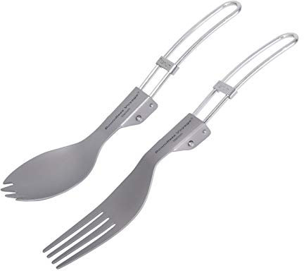 iBasingo Camping Cutlery Set Titanium Folding Spork Fork 2 in 1 Spoon Outdoor Travel Portable Tableware Small Lightweight Flatware Business Trip Picnic Hiking Fishing Dinnerware with Pouch Ti1025T