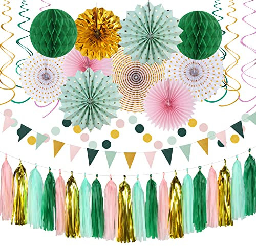 Salbeigrün Rosa Gold Party-Dekorationen – 33 Stück Set Seiden-Pompons Waben, Banner, Luftschlangen, Quasten-Girlande, Papierlaternenfächer, Hochzeit, Verlobung, Dekoration, Hugtmr