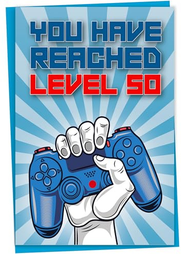 Geburtstagskarte zum 50. Geburtstag, mit englischer Aufschrift You Have Reached Level 50, Grußkarte für fünfzig Jahre alten Gamer, Geburtstagsgeschenk für erwachsenen Sohn oder Tochter, für Ihn,