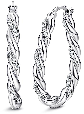 KRFY Silber 925 Creolen für Damen Mädchen - Twisted Ohrringe Mit Cubic Zirkonia, Hypoallergene 14K Gold Plattiert, Oval Chunky Gold/Silber