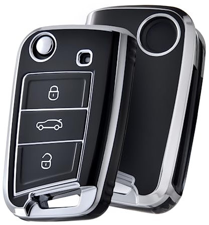 OATSBASF Autoschlüssel Hülle VW, Schlüssel Hülle Kompatibel für VW Golf 7 Schlüsselhülle, Schlüsselbox Cover für VW Polo, Skoda, Tiguan, MK7 3-Tasten (Silber Rand-Schwarz)