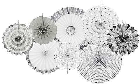 sourcing map Hanging Paper Fans Party Set 8Pcs Round Pattern Hanging Paper Fans Decoration for Home Shop Wall Birthday Wedding Graduation Events(Silver White)