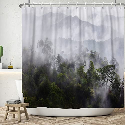 ASDCXZ Landschaft Duschvorhang 180x220 cm, Naturlandschaft Mysteriös Nebel Wald Grün Dschungel Bad Waschbar Duschvorhänge Polyester Textil Wasserdicht Badevorhang für Badewanne mit 12 Haken