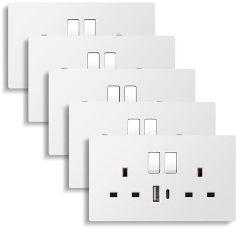 CNBINGO Double Switched Socket with 20W PD USB C and A Fast Charging Ports, Electric Power Sockets 2 Gang 13 Amp, Wall Outlet White PC Panel, 5 Pack