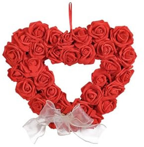 Kunstrose Blumenkranz 36cm Liebes Herz-Form Künstliche Rosen Kranz Deko Türkranz Blumenkranz Dekokranz Wandkranz Weihnachtskranz für Haustür, Hochzeit, Wand, Wohnkultur (Rot)