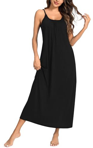 Uniexcosm Long Nightdress with Pockets Sleeveless Cotton Nighties for Women Baggy Ladies Nightshirts Full Slip Spaghetti Strap Sexy Negligees Loose Fit Nightgown Nightwear S-XXL Black