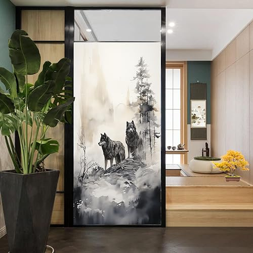 Fensterfolie, Motiv: Wolf im Wald, Buntglas, Tusche-und-Aquarell-Stil, cooles Tier, Sichtschutz, Fensterfolie, Glastürabdeckung, nicht klebende Fensteraufkleber für Badezimmer, Küche, 70,1B x 119,9L