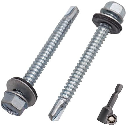 SKIR'CO (100 pièces) Vis à toiture zinguées 6,3 x 60 mm, tête hexagonale, vis autoperceuses DIN 7504-K avec rondelles d'étanchéité EPDM