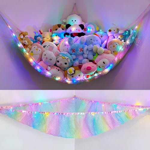 Unicorn Castle Hammock For Stuffed Animals, Bear Storage With Light, Soft Toy Net, Corner Hanging Holder, Kids Room, Rainbow